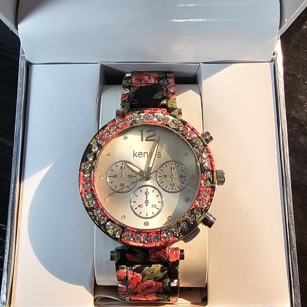 Kensie Accutime Floral Wristwatch with Jeweled Bezel